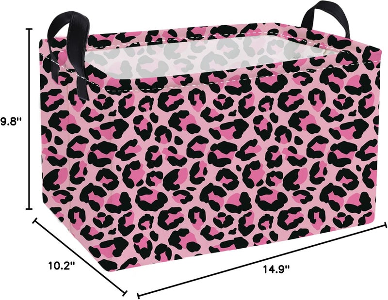 Essme Rectangular Kids Baskets,Pink Storage Basket with Handles for Girls Room Decor, Leopard Print Box,Cute Storage Bin(Pink leopard print) - Image 2